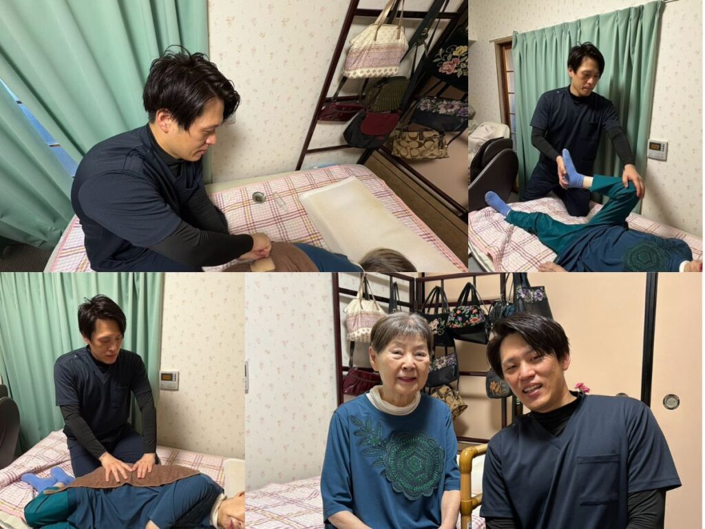 院長鈴木が訪問施術をして患者さんが笑顔になっている