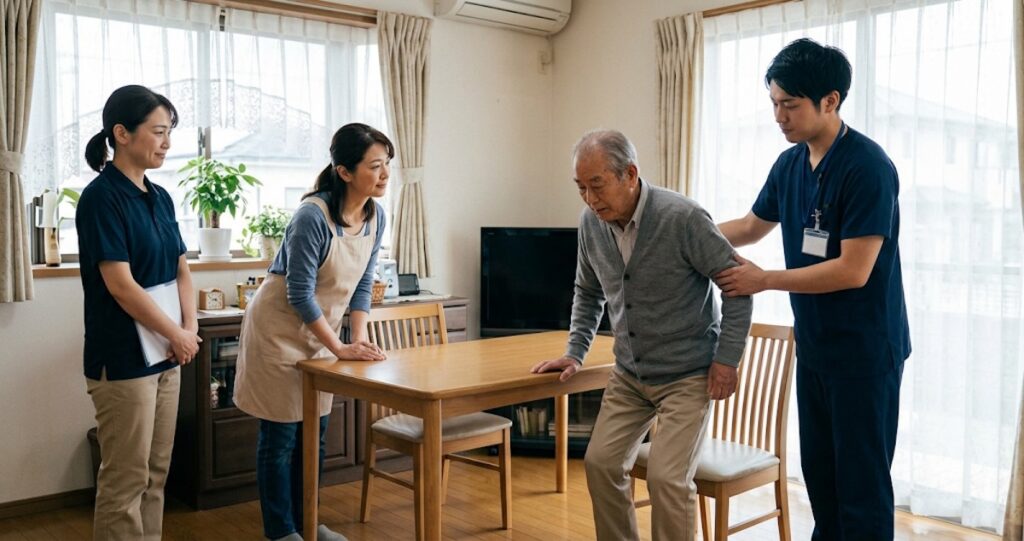 片麻痺患者さんの立ち上がりを見守る施術者と家族